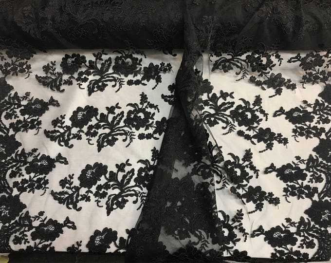 Black floral design embroider and corded on a mesh lace fabric-fashion-decorations-nightgown-prom-apparel-dresses-sold by the yard.