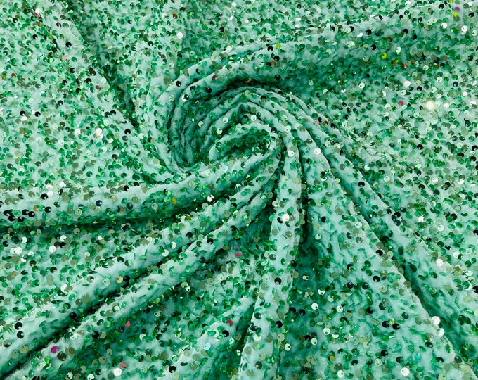 Mint Green stretch velvet with luxury sequins all over 5mm shining sequins 2-way stretch, sold by the yard.