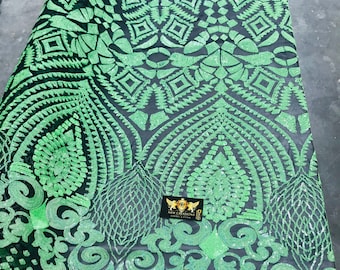 New green iridescent diamond design with sequins on a black 4 way stretch mesh-prom-nightgown-Sold by the yard