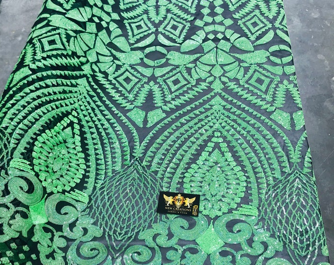 New green iridescent diamond design with sequins on a black 4 way stretch mesh-prom-nightgown-Sold by the yard