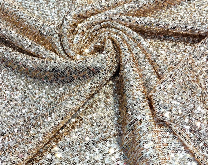 Champagne chain shiny sequins design on a 4 way stretch mesh fabric -prom-sold by the yard.