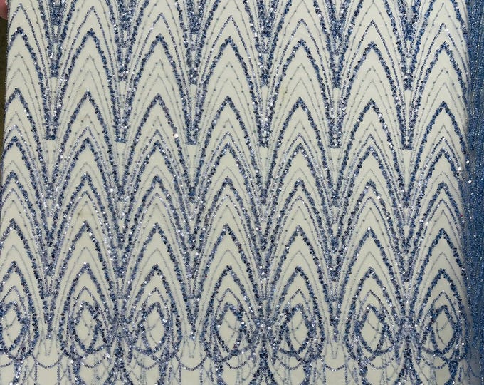 Baby Blue - Luxury Chain Geometric Beaded Lace, By The Yard.