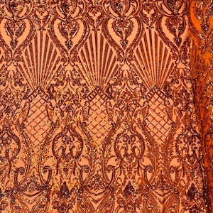 Burnt Orange hologram sequin shell damask design on a 4 way stretch mesh fabric -prom-sold by the yard.