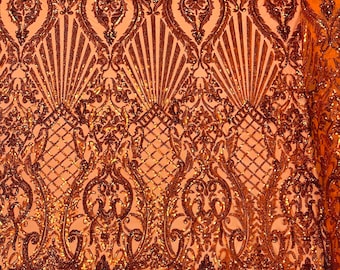Burnt Orange hologram sequin shell damask design on a 4 way stretch mesh fabric -prom-sold by the yard.