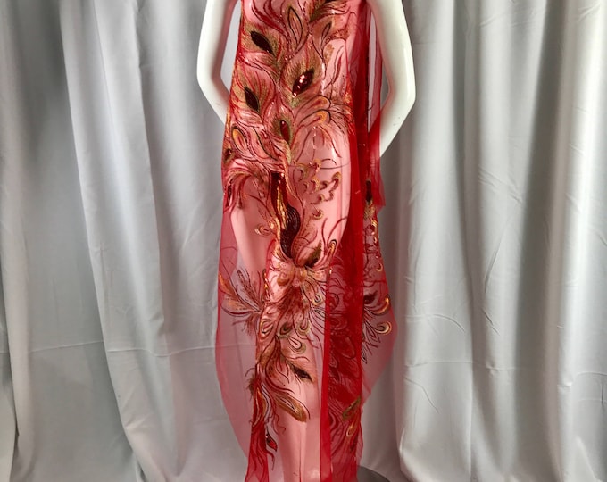 Gold peacock feathers embroider with red sequins on a red mesh-apparel-fashion-dresses-nightgown-sold by 2 panels.