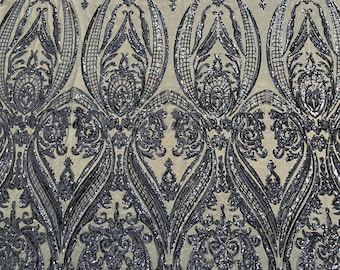 Navy blue empire damask design with sequins embroider on a 4 way stretch mesh fabric-sold by the yard.