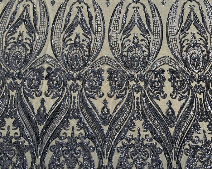 Navy blue empire damask design with sequins embroider on a 4 way stretch mesh fabric-sold by the yard.