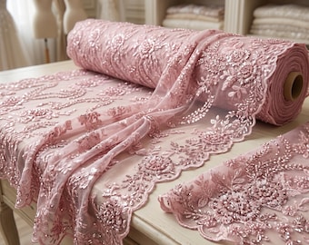 Pink Floral Beaded Lace Fabric By The Yard, Embroidered Mesh Lace With Sequins For Bridal Gowns, Prom Dresses & Wedding Decor