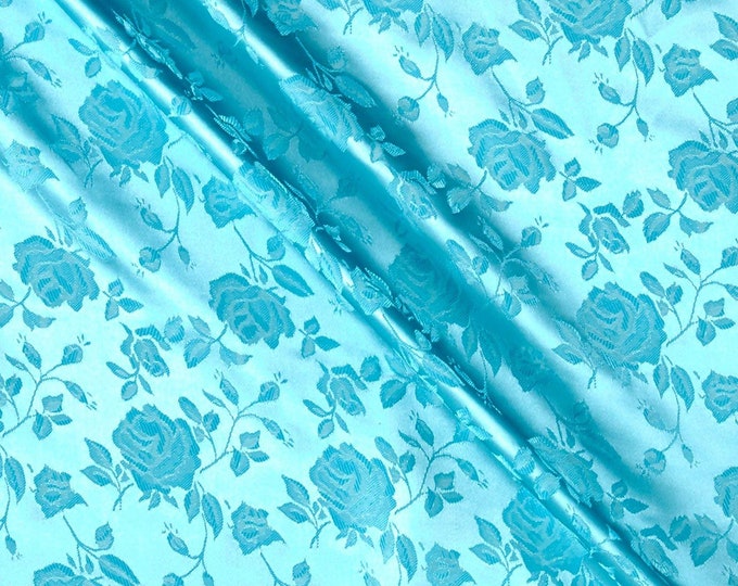 Aqua 60" Wide Polyester Flower Brocade Jacquard Satin Fabric, Sold By The Yard.