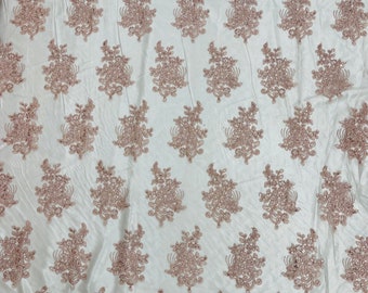 Blush Pink corded embroider flowers with sequins on a mesh lace fabric-prom-sold by the yard.