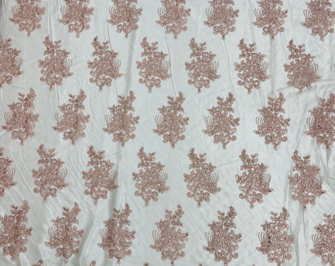 Blush Pink corded embroider flowers with sequins on a mesh lace fabric-prom-sold by the yard.