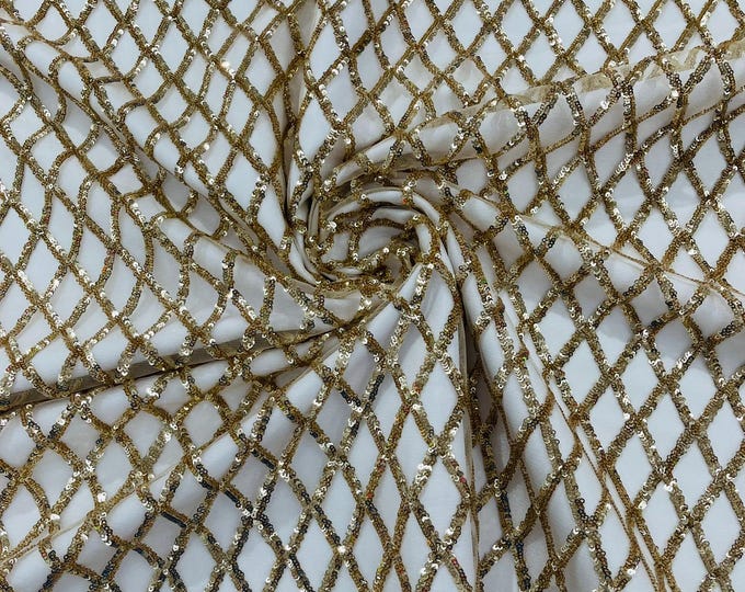 Luxury Diamond Design Mini Glitz Sequins On A Mesh Fabric/Prom/Wedding/Party Supply. Light Gold