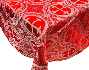 Red/Silver - Square Metallic Cross Brocade Jacquard Satin Table Overlay/Religious Brocade/Liturgical Fabric/Church.