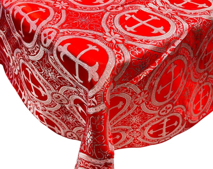Red/Silver - Square Metallic Cross Brocade Jacquard Satin Table Overlay/Religious Brocade/Liturgical Fabric/Church.