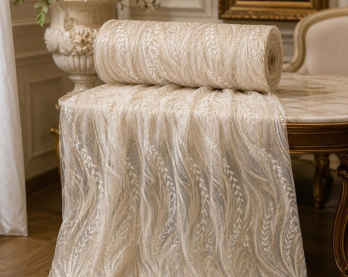 Beige Feather Damask Embroidered Mesh Lace Fabric By The Yard, Beaded Sequin Bridal Lace For Wedding Dresses & Prom Gowns