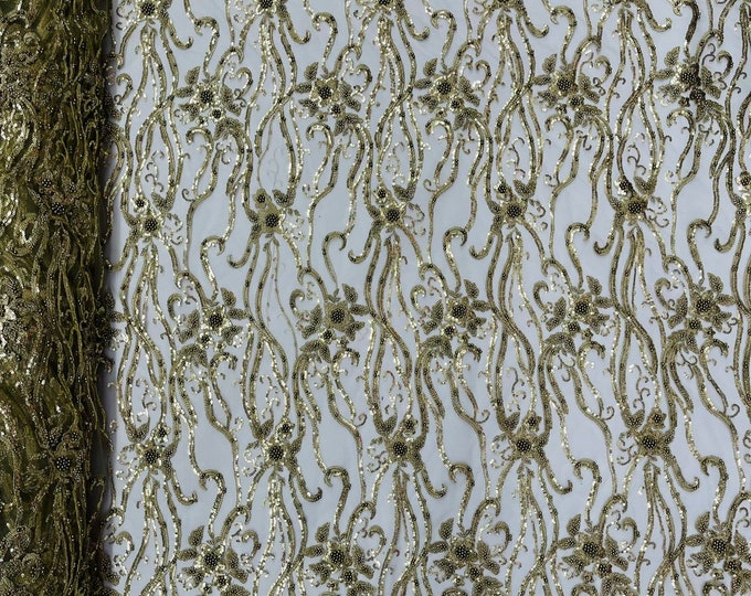 Champagne, Vine Floral Beaded Lace/Sequin Embroider Lace Fabric - Sold By the Yard.