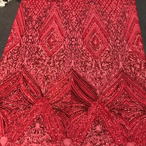 Red sequin diamond design embroidery on a 4 way stretch mesh-dresses-fashion-prom-nightgown-sold by yard-free shipping .