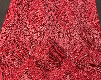 Red sequin diamond design embroidery on a 4 way stretch mesh-dresses-fashion-prom-nightgown-sold by yard-free shipping .