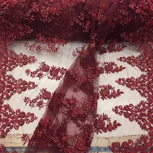 Elegant burgundy hand beaded flower design embroider on a mesh lace-prom-nightgown-bridal-wedding-sold by the yard.