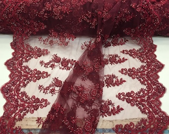 Elegant burgundy hand beaded flower design embroider on a mesh lace-prom-nightgown-bridal-wedding-sold by the yard.