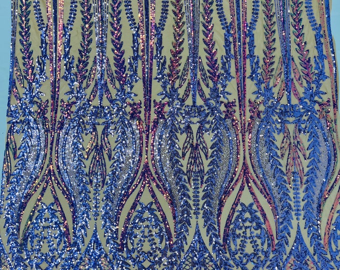Lavender iridescent Two tone damask design with sequins embroider on a nude 4 way stretch mesh fabric-sold by the yard.
