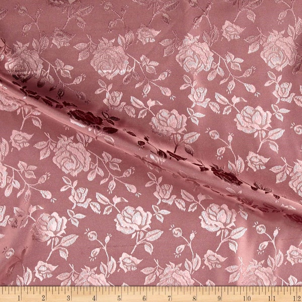 Dusty Rose 60" Wide Polyester Flower Brocade Jacquard Satin Fabric, Sold By The Yard.