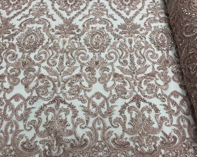 Rose Gold floral damask embroider and heavy beaded on a mesh lace fabric-sold by the yard-