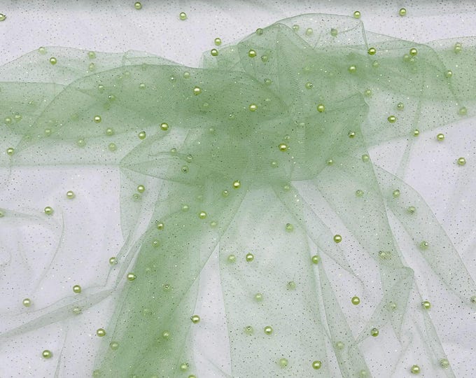 Sage Green Pearl Glitter Studded Mesh, 2-Way Stretch Shimmer Mesh Fabric, Sold by the yard.