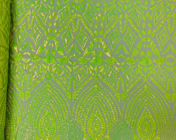 Lime Green - Diamond Geometric Sequin On A Stretch Mesh Fabric ( By The Yard)