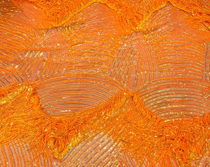 Neon Orange iridescent fringe sequins design on a 4 way stretch mesh fabric-prom-sold by the yard.