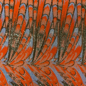 Neon Orange/Gold/Aqua iridescent Feather sequin design on a Orange 4 way stretch mesh Fabric-prom-sold by the yard.