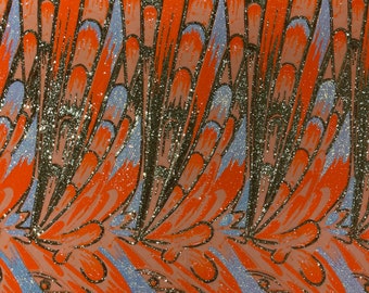 Neon Orange/Gold/Aqua iridescent Feather sequin design on a Orange 4 way stretch mesh Fabric-prom-sold by the yard.