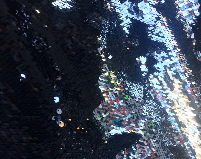 Black/ silver shinny mermaid fish scale 2way stretch flip flop fabric-prom-nightgown-dresses-decorations-sold by the yard.