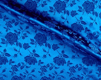 Royal Blue 60" Wide Polyester Flower Brocade Jacquard Satin Fabric, Sold By The Yard.