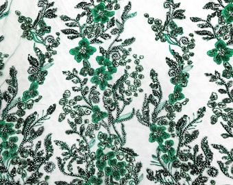 Hunter green metallic floral embroider and heavy beaded on a mesh lace fabric-sold by the yard-