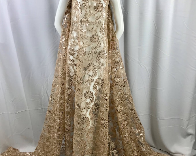 Champagne flowers embroider with blush sequins and corded on a mesh lace-prom-nightgown-decorations-wedding-bridal-sold by the yard.