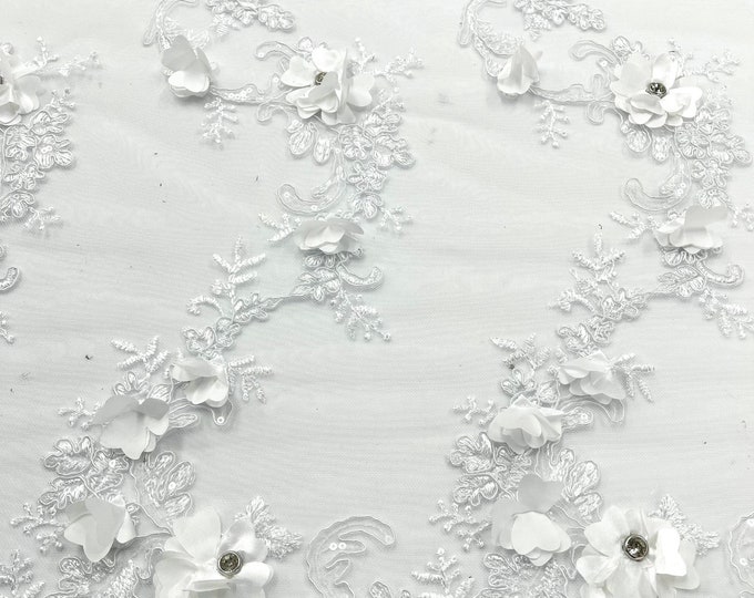 White 3d floral design embroider and beaded with rhinestones on a mesh lace-prom-apparel-fashion-sold by yard.