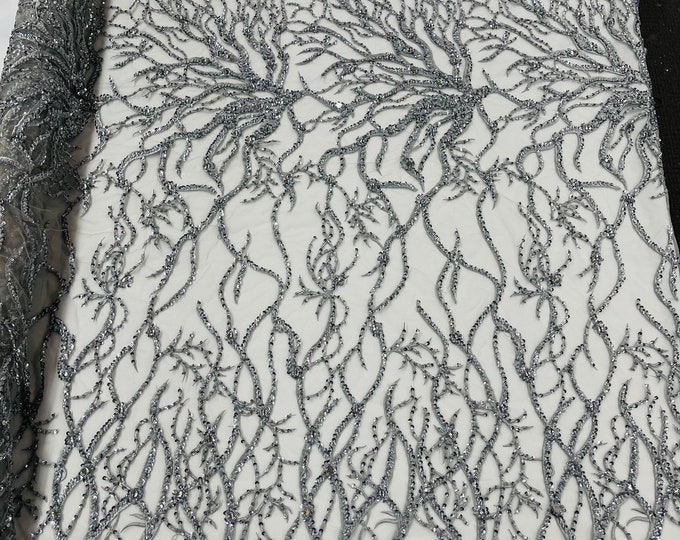 Silver Vine Design Embroider and heavy beading on a mesh lace-sold by the yard.