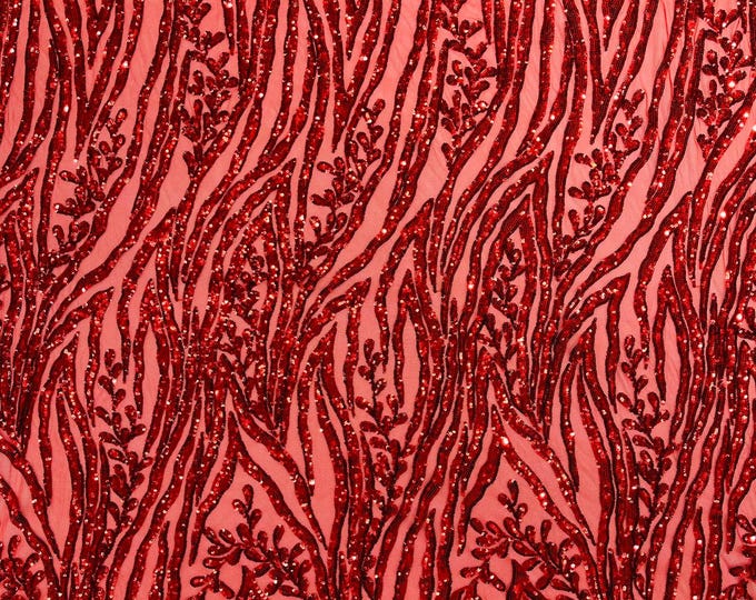 Red - Vine/Root Sequin 4 Way Stretch Mesh Fabric, by The Yard.