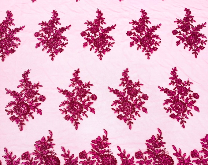 Fuchsia floral corded embroider with sequins on a mesh lace fabric-prom-sold by the yard.