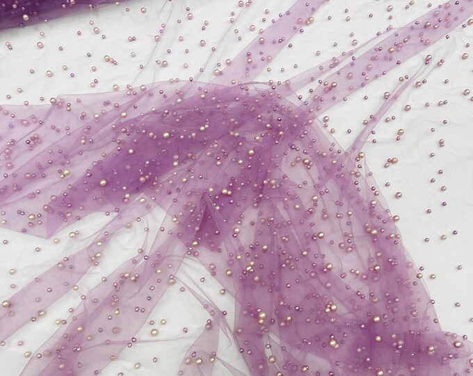 Dark Lilac Heavy Scattered Pearls Studded Mesh, 2-Way Stretch, sold by the yard.
