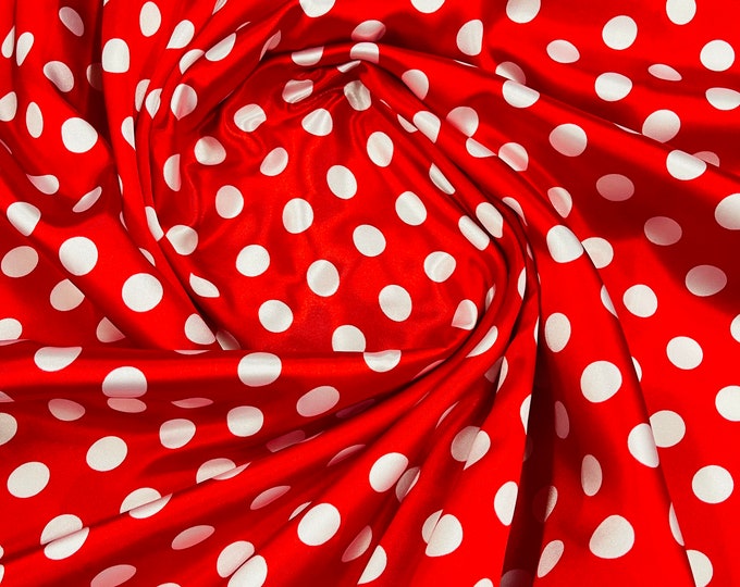 White 1/2 inch Multi Color Polka Dot On A Red Soft Charmeuse Satin Fabric Sold By The Yard-60" Wide 100% Polyester.