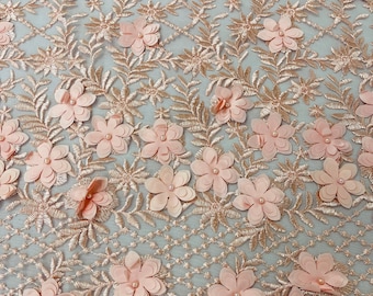 Blush Lia 3d floral design embroider with pearls in a mesh lace-dresses-fashion-decorations-prom-nightgown-sold by the yard.