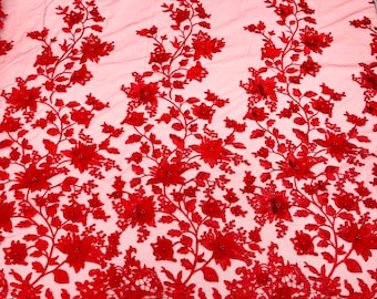 Red Emily 3d floral design embroider with pearls in a mesh lace-sold by the yard.