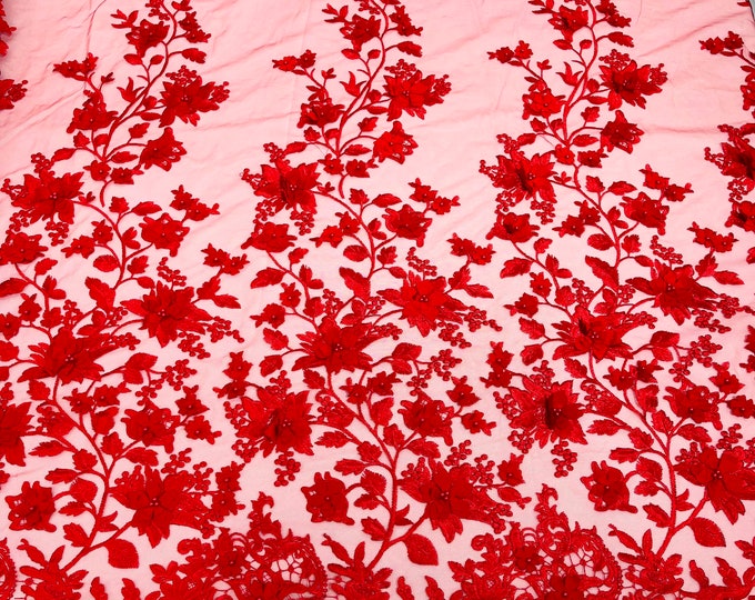 Red Emily 3d floral design embroider with pearls in a mesh lace-sold by the yard.
