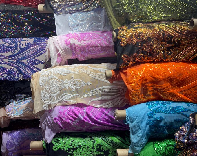 Empire design embroidered with shiny sequins on a 4 way Stretch Mesh-dresses-fashion-prom-nightgown-sold by the yard.