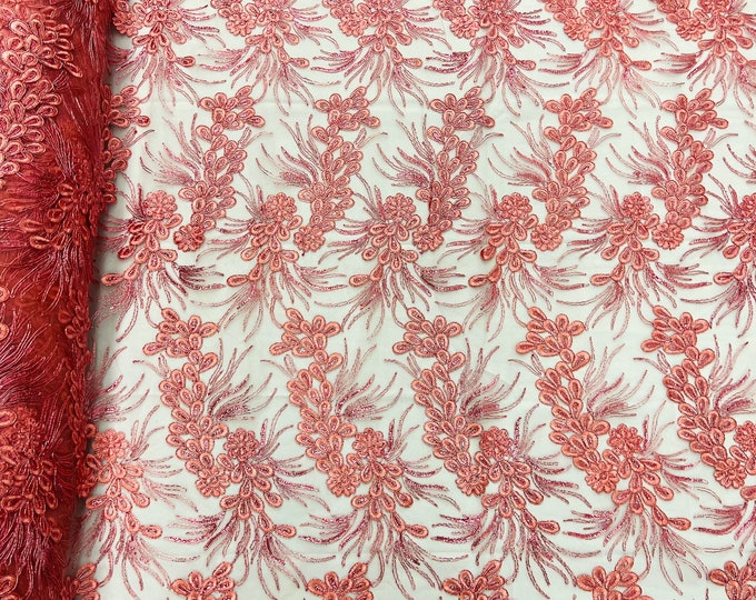 Mauve feather design lace with metallic cord and embroider with sequins on a mesh-Sold by the yard.