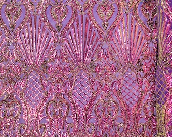 Purple iridescent sequin shell damask design on a 4 way stretch mesh fabric -prom-sold by the yard.