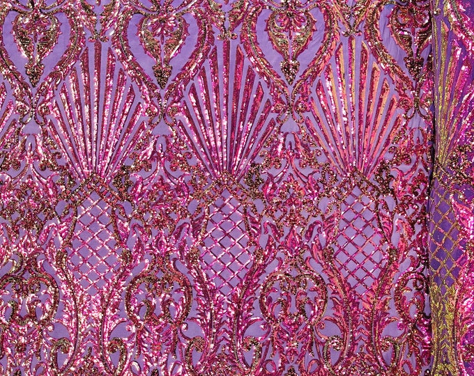 Purple iridescent sequin shell damask design on a 4 way stretch mesh fabric -prom-sold by the yard.