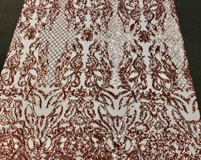 Blush peach shiny sequin damask design embroidery on a 4 way stretch mesh-dresses-prom-nightgown-sold by the yard.free shipping.